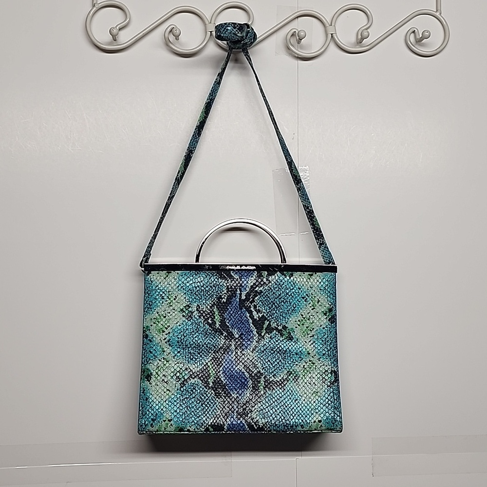 Charles Jourdan VINTAGE blue green gray reptile print silver hardware purse.boho